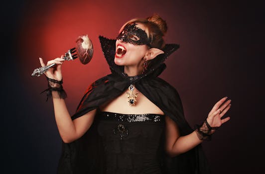 Femme en costume de vampire, portant un masque et une cape noire, tenant un os avec un sourire menaçant.