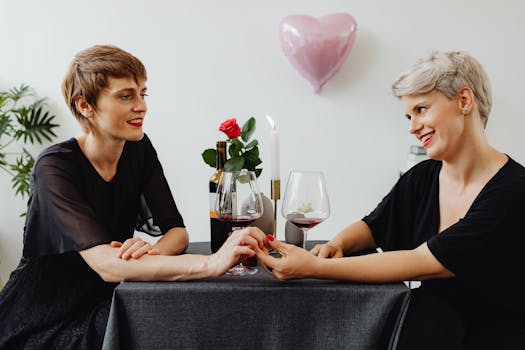 Deux femmes assises à une table romantique, se tenant la main, avec des verres de vin et une rose sur la table.