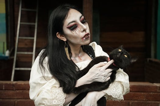 Femme maquillée en vampire tenant un chat noir, dans une ambiance sombre et mystérieuse.